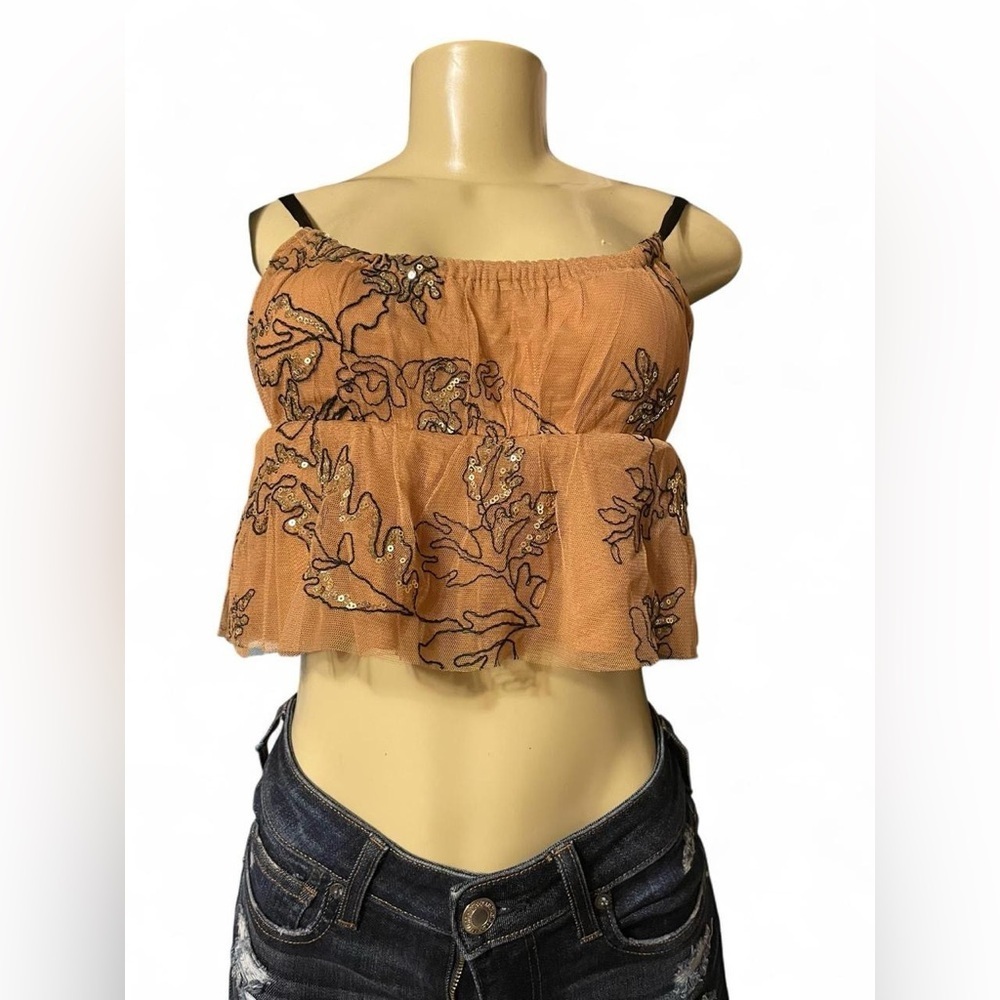 Anthropologie Tan Crop Top with Black Embroidery